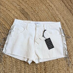 Forever 21 White Rhinestone Bling Fringe Shorts Festival Coachella  W 28 NWT